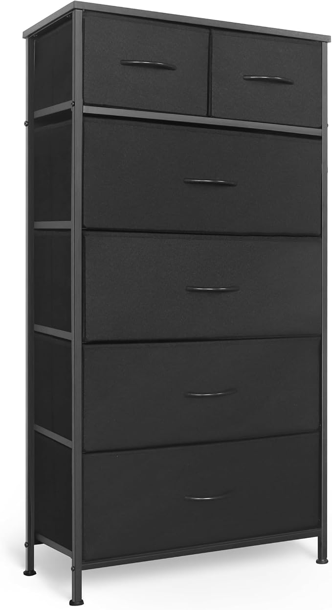 Mifuro Tall Dresser for Bedroom, Vertical Storage Organizer Tower with 6 Drawers, Chest of Drawers with Fabric Bins, Steel Frame, Wood Top for Bedroom, Closet, Entryway- Black by MifuroOfficeProduct