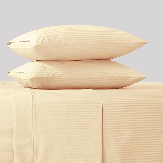 Feather & Stitch 500 TC Queen Size Damask Bed Sheet Set, 100% Cotton Soft Breathable Bedsheets, 4 Piece 18" Deep Pockets Sateen Weave Striped Bedding Mattress Resort Hotel Luxury - (Semolina Stripe)