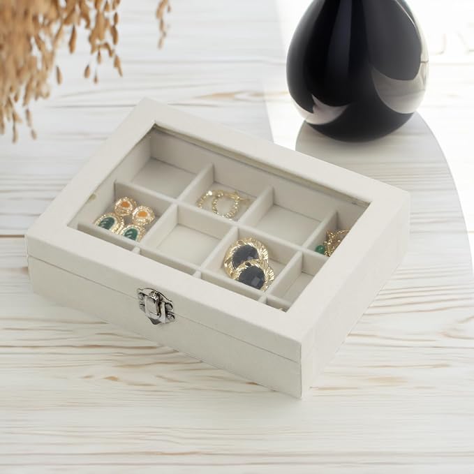 Fordonral Velvet Jewelry Organizer Box, Jewelry Drawer Organizers Trays, Earring Ring Necklace Holder Display Case (Beige, 12 Grid Box) - Image 4