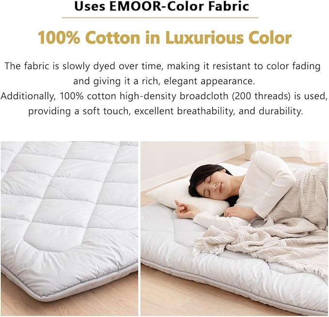 EMOOR Japanese Floor Futon Mattress Anti-Sag Full Made in Japan 100% Cotton Chip Foam Gray, Shikibuton Foldable Sleeping Bed Tatami Mat