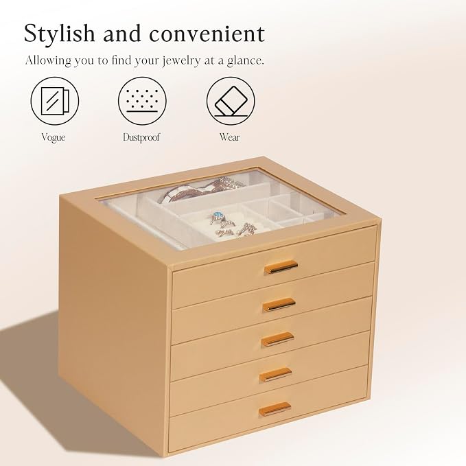 Jewelry Box with Glass Lid, 5-Layer Jewelry Organizer for Women Girls, PU Leather Display Case with 20-Grid Earring Tray & Movable Dividers for Necklaces Rings,Camel - Image 5