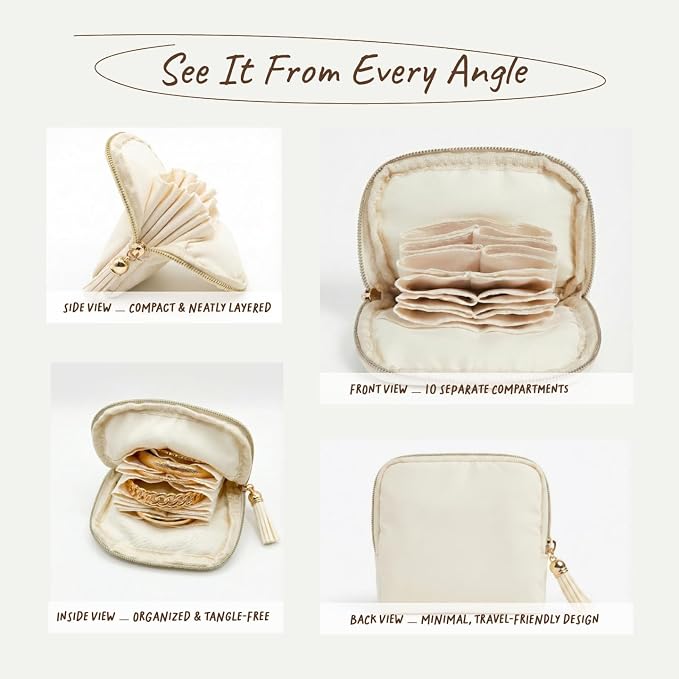 Mini Travel Jewelry Case, Small Jewelry Organizer, Jewelry Travel Case for Women, Portable Travel Jewelry Organizer Bag, Travel Jewelry Box – 5.3 × 5.1 inches (Ivory) - Image 5