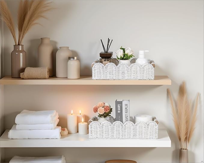 CubesLand Toilet Paper Storage Basket, Scalloped Edge Shelves Basket for Organizing for Over Toilet Tank Storage, Home Decor Baskets for Shelf, Countertop, Living Room, Bedroom, Handwoven, White - Image 2