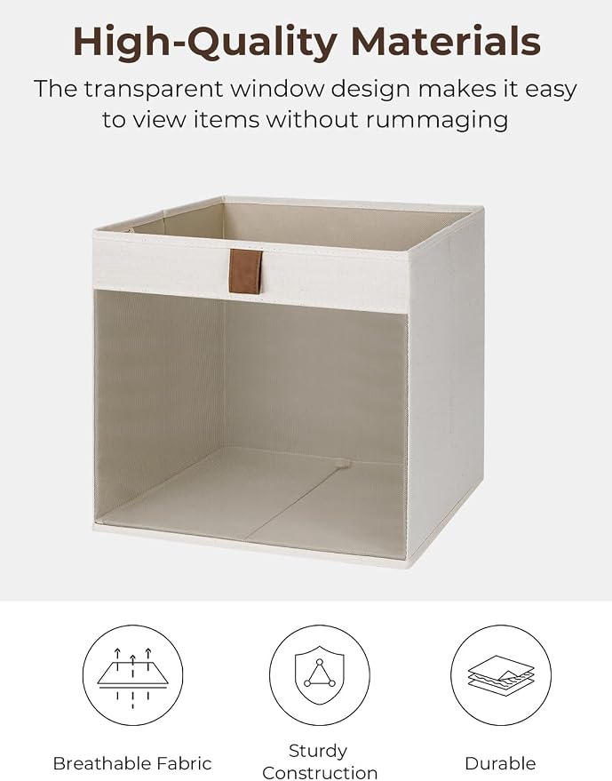 StorageWorks 11x11 Storage Cubes, Closet Storage Bins with Clear Window, Fabric Organizer for Clothes, Collapsible Storage Baskets with PU Handles, Beige, 3-Pack - Image 3