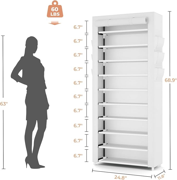 VTRIN Vertical Narrow Shoe Rack Organizer Tall Shoe Rack for Closet Entryway 10 Tier Non-Woven Cover Shoe Shelf Holds 36-41 Pairs Free Standing Shoe Storage Cabinet with Dustproof Cover, White - Image 3