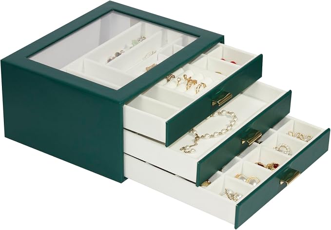 Jewelry Box Organizer with 3 Drawers,Glass Lid Jewelry Boxes for Women,Jewelry Storage for Rings,Necklaces,Earrings,Bracelets,Interesting Gift,Green - Image 2