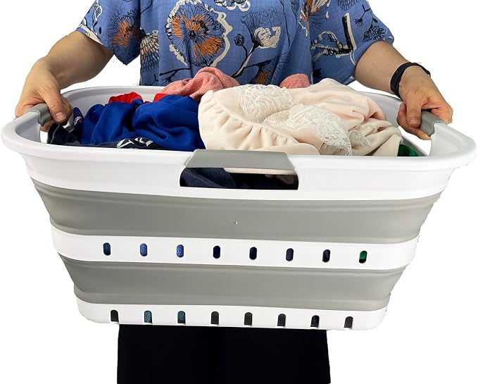 SAMMART 42L (11 gallon) Collapsible Plastic Laundry Basket - Foldable Pop Up Storage Container/Organizer - Space Saving Hamper/Basket (1, Grey/White) - Image 5