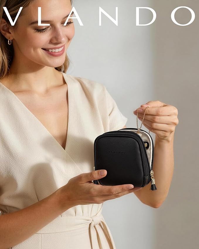 VLANDO Travel Jewelry Case,2-Layer Jewelry Organizer for Travel,Mothers Day Mom Gifts Teacher Gift,Multi-Compartment Jewelry Storage for Rings Earrings Necklaces Bracelets-Black - Image 2