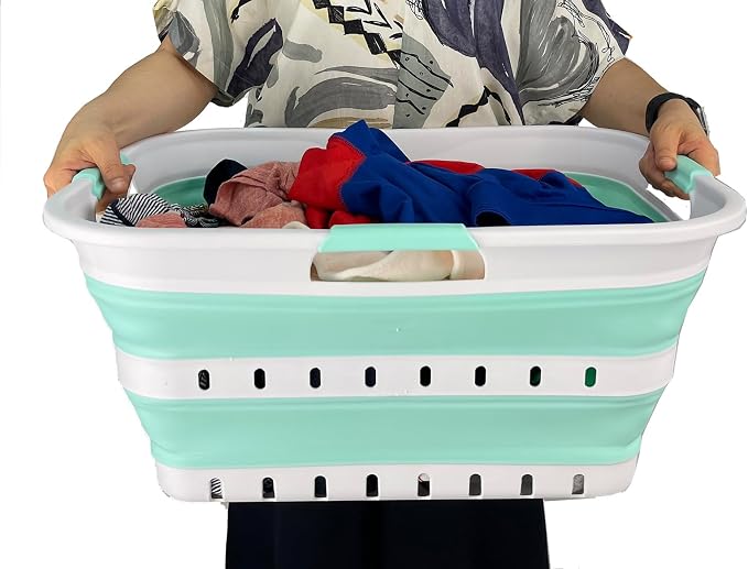 SAMMART 42L (11 gallon) Collapsible Plastic Laundry Basket - Foldable Pop Up Storage Container/Organizer - Space Saving Hamper/Basket (1, White/Light Green) - Image 6