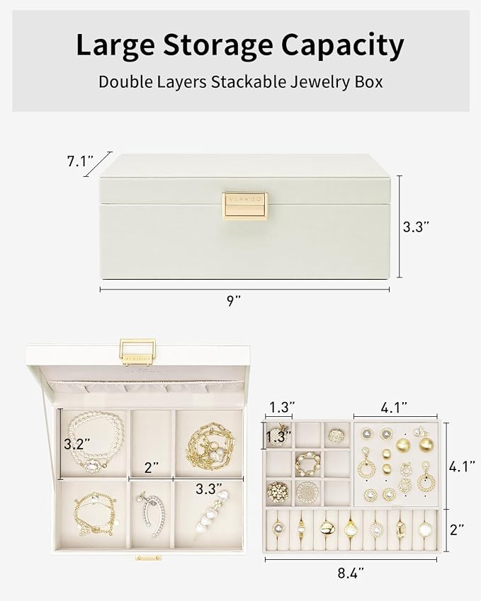 VLANDO Jewelry Box for Women, Gift for Women Girls,2 Layer Jewelry Box,Large Jewelry Organizer for Women Removable Jewelery Tray for Necklace Earrings Rings(Cream White) - Image 4