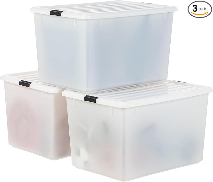 IRIS USA 144 Qt Stackable Plastic Storage Bins with Lids, 3 Pack - BPA-Free, Discreet Organizing Solution, Latches, Durable Nestable Containers, Secure Pull Handle, Made in USA - Pearl by IRISUSA