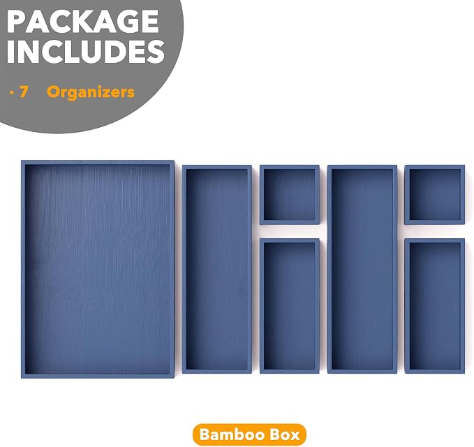 SpaceAid 7-Piece Bamboo Drawer Organizer Storage Boxes Set, Wood Tray Junk Drawer Organizers Multi-Use Divider Bins for Kitchen, Bathroom, Office Desk and Makeup Organization (7 Pack, Navy Blue) - Image 6