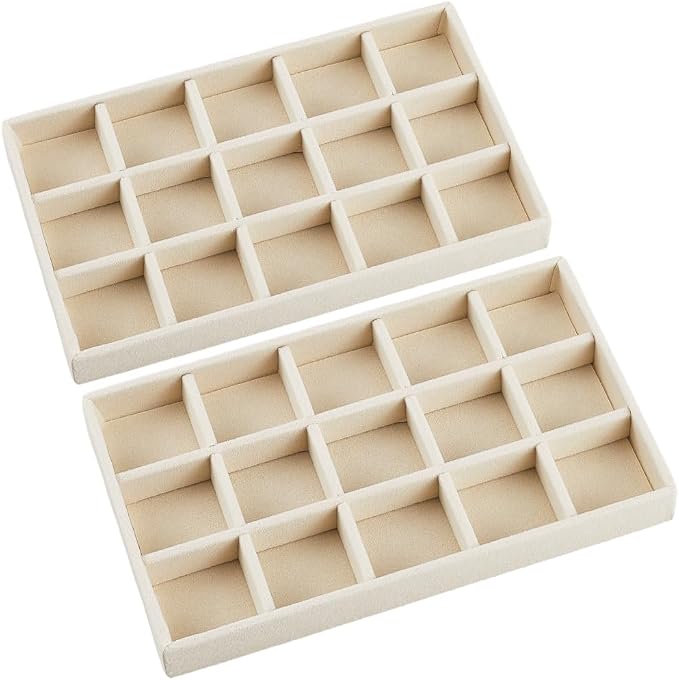 2Pcs 5 x 8.3 Inch Stackable Jewelry Trays Earring Holder Organizer Antique White 15 Grids Velvet Dresser Jewelry Drawer with Removable Divider for Bracelet Ring Watch Trinket Display Showcase by SOFPLATE