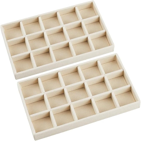 2Pcs 5 x 8.3 Inch Stackable Jewelry Trays Earring Holder Organizer Antique White 15 Grids Velvet Dresser Jewelry Drawer with Removable Divider for Bracelet Ring Watch Trinket Display Showcase by SOFPLATE
