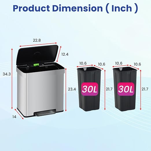 PayLessHere Dual Compartment Recycling Trash Can with Removable Buckets, 60L Stainless Steel Foot Pedal Trash Can with Soft-Close Lid for Home, Kitchen, Office, Bathroom. - Image 7