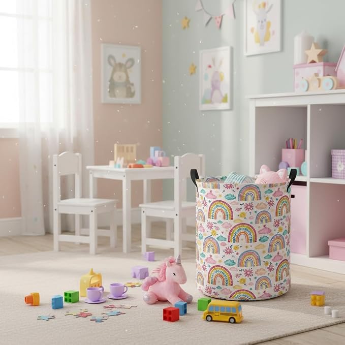 Baby Laundry Hamper kids laundry Basket Waterproof Laundry Bag for Bedroom Toy Clothes Organizer Room Décor(Pink Rainbow) - Image 4
