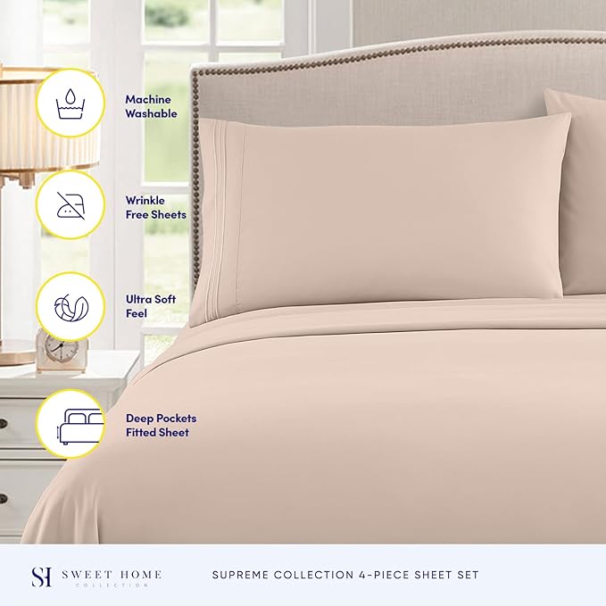 Twin Sheets - Breathable Luxury Sheets with Full Elastic & Secure Corner Straps Built In - 1800 Supreme Collection Extra Soft Deep Pocket Bedding Set, Sheet Set, EXTRA DEEP pocket - Twin, Beige