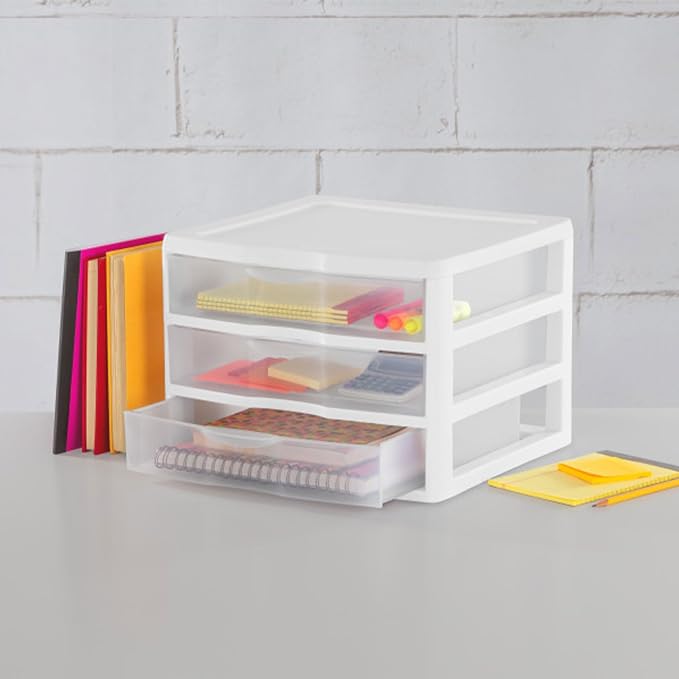 Sterilite 3-Pack Wide 3 Drawer Unit, Plastic Desktop Organizer with Clear Drawers, White Frame - Stackable Multi-Purpose Storage for Office Supplies, Craft Rooms, Classrooms and Home Organization - Image 2