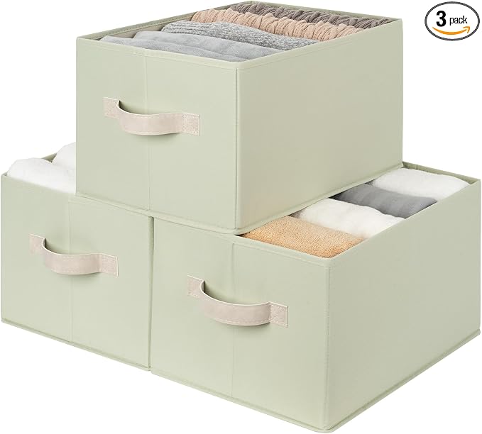 StorageWorks Storage Baskets for Shelves, Closet Organizers and Storage Basket, Fabric Clothes Organizer with Leather Handles, Light Green, 3-Pack, Large by StorageWorks