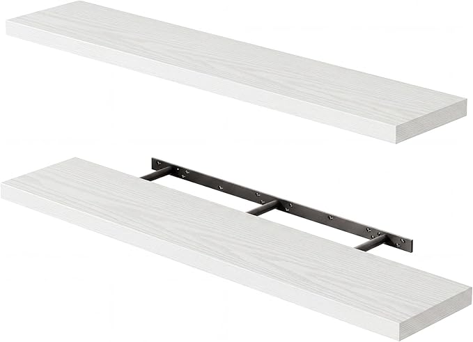 Fixwal Floating Shelves for Wall, 47" Long Heavy Duty Wall Mounted Rustic Wood Shelves for Living Room, Bedroom, Bathroom and Kitchen, for Storage, Books, Room Decor (White, Set of 2) by Fixwal