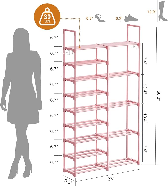 WOWLIVE 9 Tiers Large Shoe Rack White Shoe Rack Organizer for Closet 50-55 Pairs Stackable Heavy Duty Shoe Shelf Shoe Storage with Metal Pipes Plastic Pink - Image 3