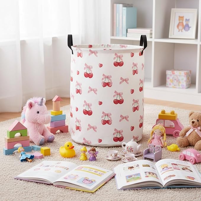 Baby Laundry Basket Baby Nursery Hamper Kids Laundry Basket Toy Storage Bin for Boys Room Decor Gift Baskets for Bedroom Bathroom(Cherry) - Image 3