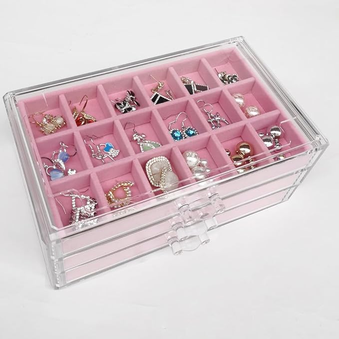 YUFONG Earring Organizer Box Acrylic Jewelry Organizer with 3 Drawers 54 Adjustable Grids Clear Stackable Earring Holder Velvet Trays Ring Display Case for Women Girls (Pink) - Image 7