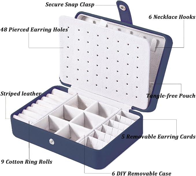 QBestry All-in-One Travel Jewelry Organizer for Women Navy | Small Jewelry Box with 68 Earring Holes | Compact Portable Jewelry Case for Earrings, Rings, Necklaces | Perfect Gifts for Mom Wife Girls - Image 4
