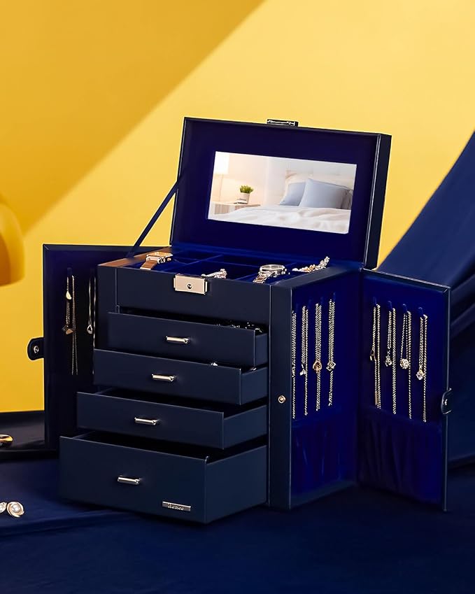 Homde Mothers Day Gifts Synthetic Leather Huge Jewelry Box Mirrored Watch Organizer Necklace Ring Earring Storage Lockable Gift Case (Dark Blue + Gold) - Image 8