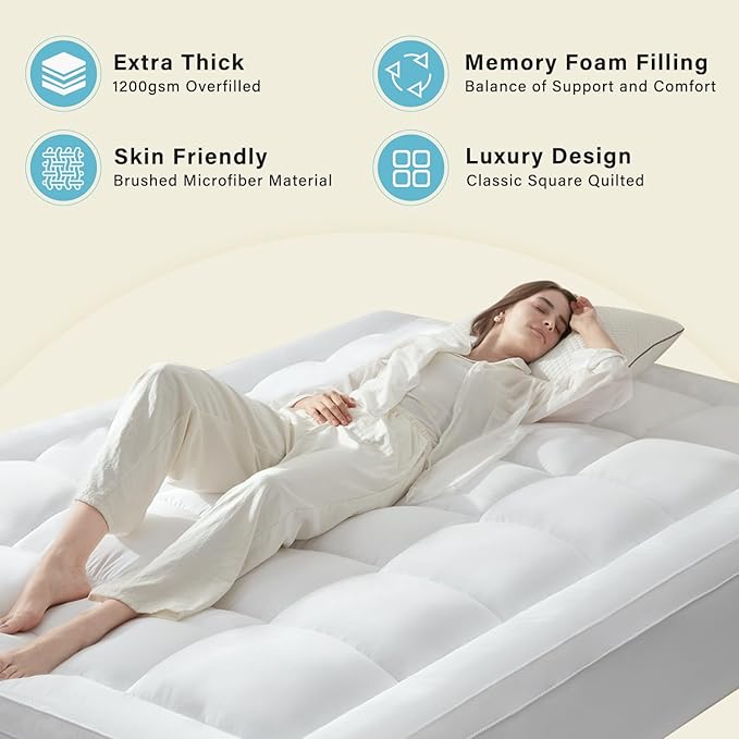 Anluoer Mattress Topper Queen for Back Pain, Memory Foam Pillow Top Mattress Topper Queen, 5X Support Extra Thick Breathable Mattress Pad with 8-21" Deep Pocket, 60x80 Inches, White