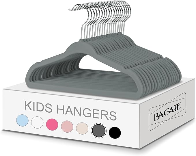 BAGAIL 50 Pack Kids Velvet Hangers 14 Inches Children's Clothes Hangers Non-Slip Baby Hangers for Infant/Toddler (Grey) by BAGAIL