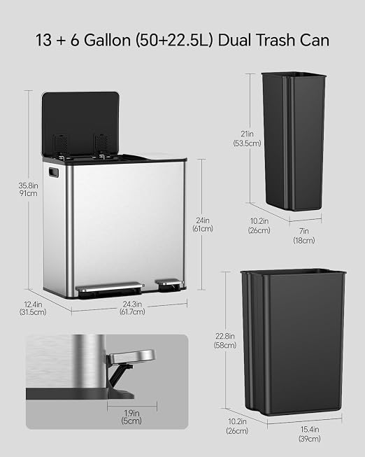 Lovewind Dual Trash and Recycling Bins for Kitchen, 13+6 Gallon Stainless Steel Garbage and Recycle Bin Combo for Large Families, Dual Trash Can with Soft Close Lid & Magnetic Stickers, Silver - Image 3
