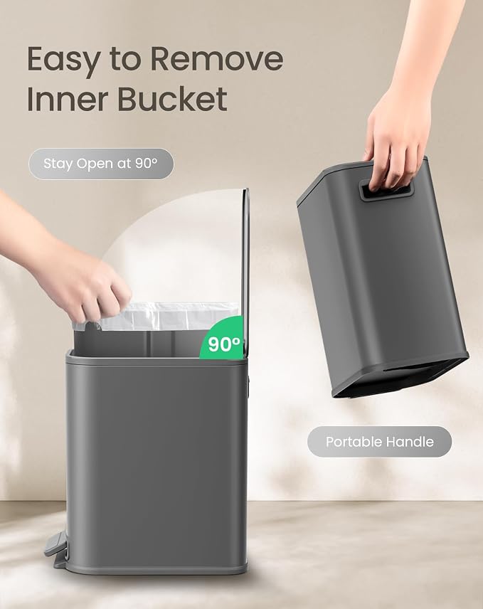 Cesun Small Bathroom Trash Can with Lid Soft Close, Step Pedal, 5 Liter / 1.3 Gallon Stainless Steel Garbage Can with Removable Inner Bucket, Waste Basket for Bathroom, Bedroom (Gray) - Image 5