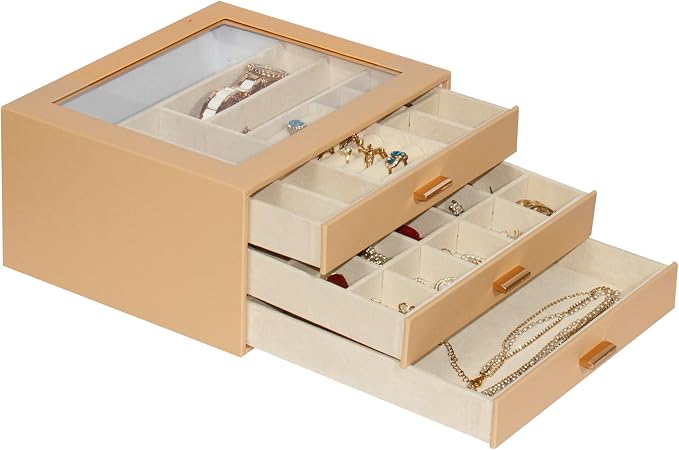 Jewelry Box with Glass Lid, 3-Layer Jewelry Organizer for Women Girls, PU Leather Display Case with 20-Grid Earring Tray & Movable Dividers for Necklaces Rings,Camel - Image 7