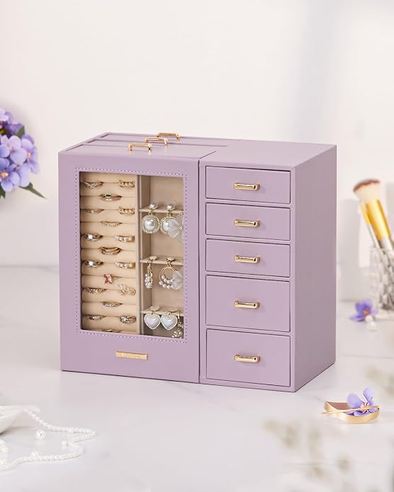 Homde Large Jewelry Box/Organizer/Case with Glass Window, Drawers for Necklaces Earrings Rings Bracelets Watches Gift for Women Girls - Image 8