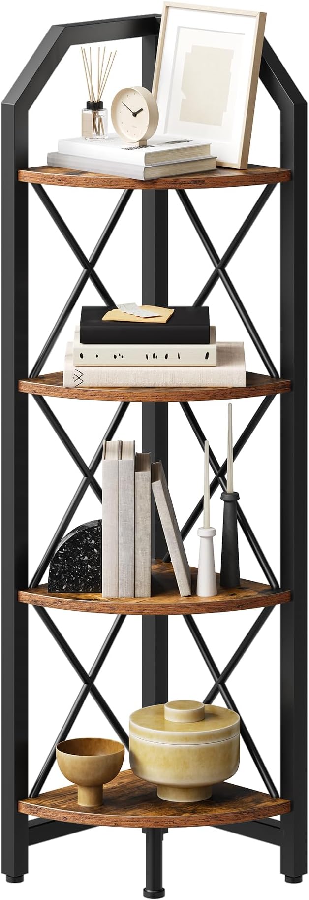 CHOEZON 4-Tier Rustic Brown and Black Corner Shelf, 4-Shelf Industrial Corner Bookshelf, Space-Saving Corner Storage Stand, Plant Stand Display Shelf, Bedroom, Living Room, Home Office - Image 7
