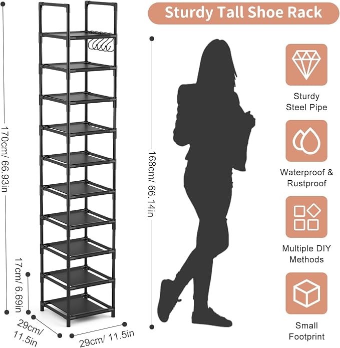 LANTEFUL Tall Narrow Shoe Rack for Entryway, 10-Tier Sturdy Metal Shoe Shelf Storage 10-15 Pairs of Shoes and Boots, Space Saving Corner Shoe Rack Organizer for Closet,Doorway,Garage,Living Room - Image 3