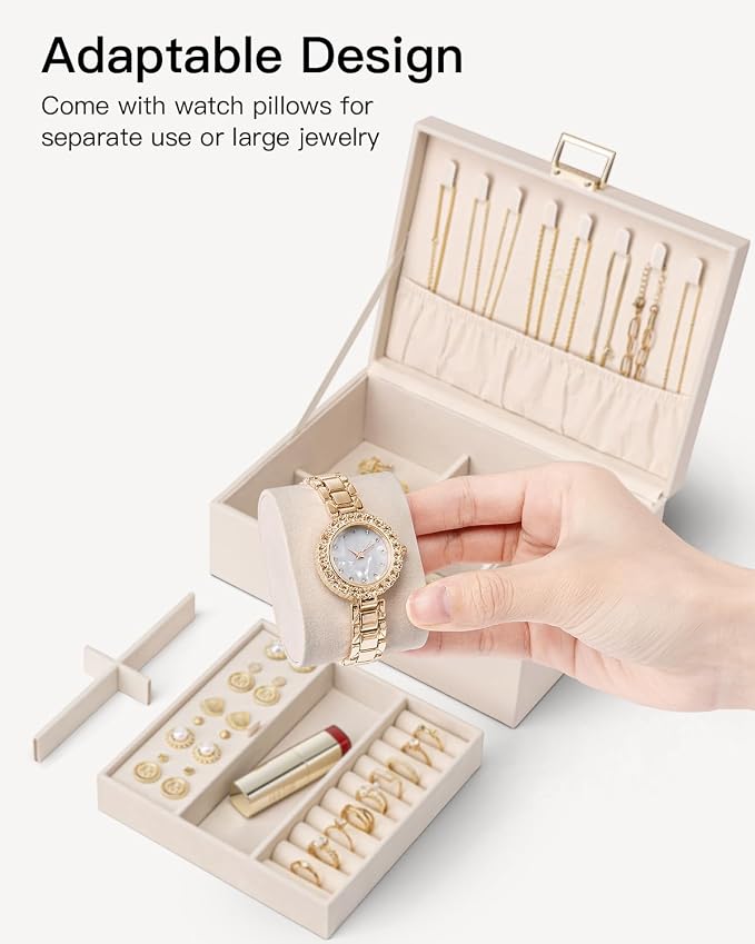 VLANDO 2 Layer Jewelry Boxes Large Jewelry Organizer for Women Removable Jewelery Tray for Watch Necklace Earrings Rings Bracelets Mothers Gifts Mom Gifts(Apricot White) - Image 3
