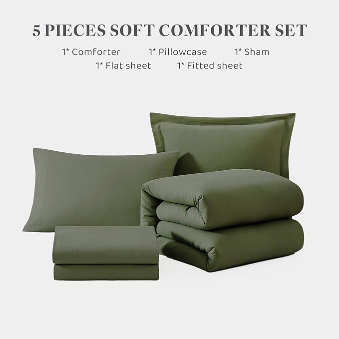 WRENSONGE Twin XL Comforter Set, 5-Piece Olive Green Bedding Collection with Sheets and Pillowcases