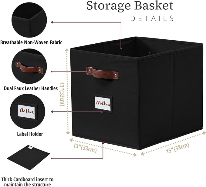 DECOMOMO Storage Baskets, 13x15x13 Storage Cube Bins with Labels for Organizing Shelves Kallax (Kallax / 4pcs, Black) - Image 3