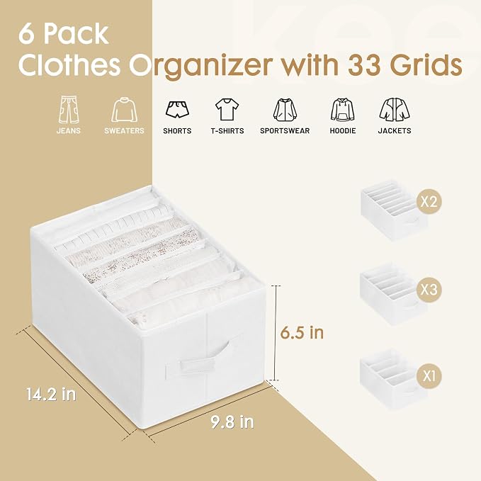 Criusia 6 Pack Large Clothes Organizer, Wardrobe Closet Organizer and Storage with Handles, Foldable Fabric Closet Organizers Dividers for Clothing, Pants, Jeans, Sweater, T-shirts, White - Image 3