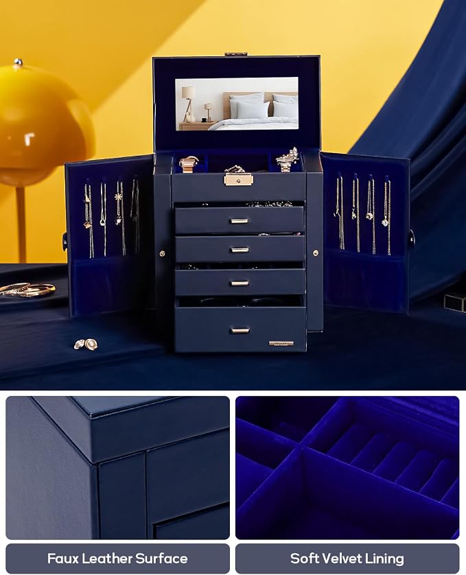 Homde Mothers Day Gifts Synthetic Leather Huge Jewelry Box Mirrored Watch Organizer Necklace Ring Earring Storage Lockable Gift Case (Dark Blue + Gold) - Image 6