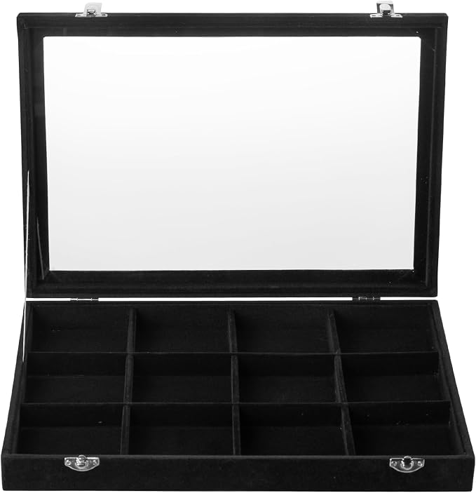 Frebeauty Velvet Jewelry Tray,12 Grid Jewelry Organizer with Clear Lid,Bracelets Holder,Jewelry Display Case with Clasp,Drawer Insert Bangle Brooch,13.8 x 9.5 x 2 Inches,Gift for Women Girls(Black) - Image 2