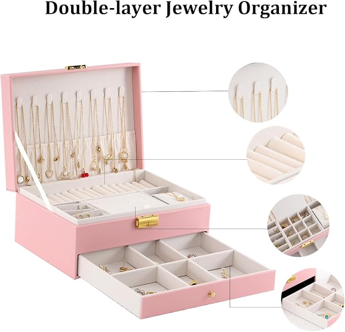 GUOER Jewelry Organizer Box for Women - Large PU Leather Jewelry Organizer Storage Case with Two Layers Display for Earrings Bracelets Rings Watches (Pink) - Image 2