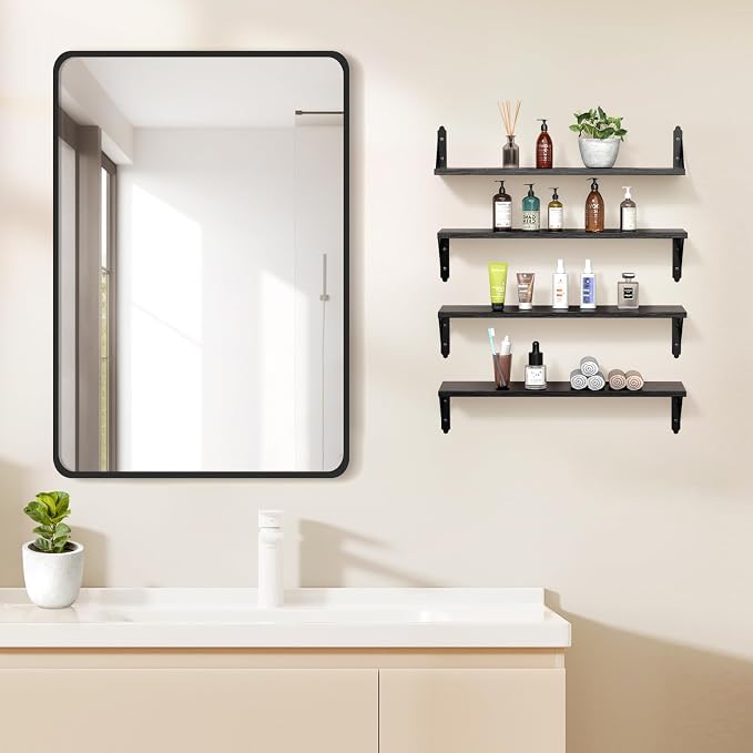 ROMGUAR CRAFT Wood Floating Shelves Set of 4, Rustic Storage Decor Wall Shelves, Wall Mounted Shelf for Living Room, Bedroom 23.6" x 6", Black - Image 6