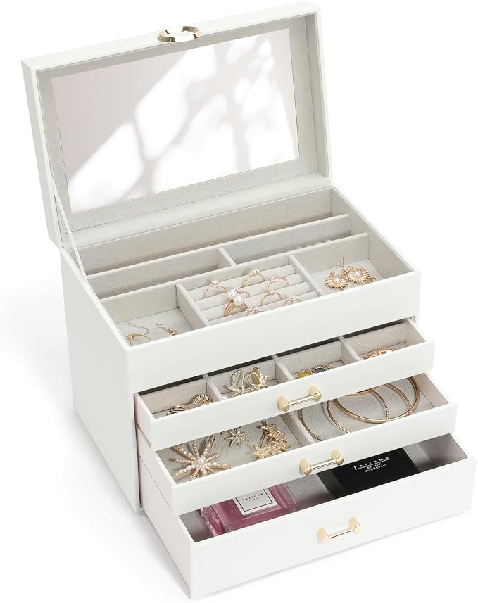 Jewelry Box with Mirror，Jewelry Holder Organize with 3 Drawer，4-Layer Jewelry Box for Women Girls，Large Jewelry Storage Box. (White by HOME