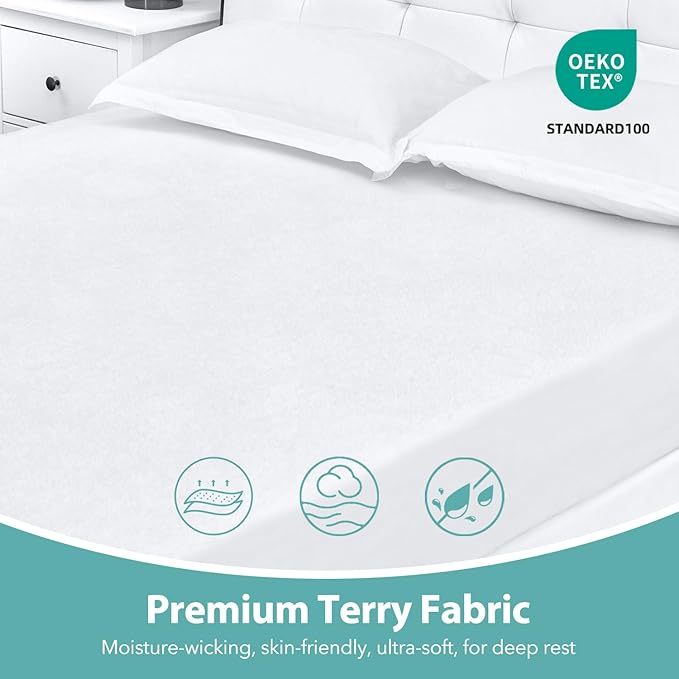 Full Size Mattress Protector- Washable Mattress Cover Fitted Bed Pad Noiseless Plastic Protection Up to 18” Allergy Mattress Protector Soft&Breathable（White）