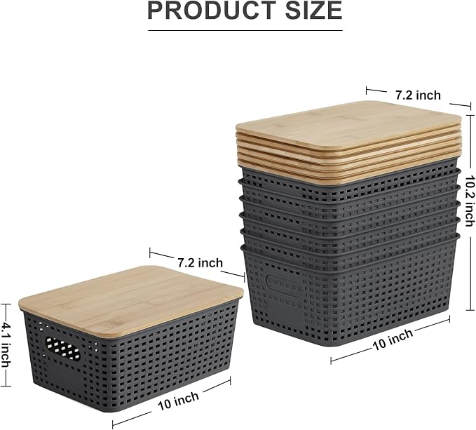 Bagnizer Small Plastic Storage Bins with Bamboo Lids 5.2qt Stackable Box Basket Pantry Decorative Containers Cute with Label for Organizing Desktop Closet Office Gray of 6 packs 10 * 7.2 * 4.1" - Image 2