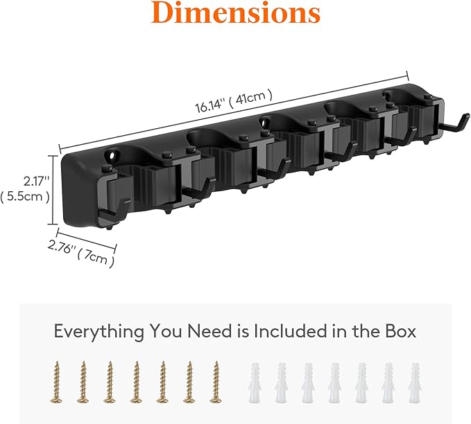 Lifewit Mop and Broom Holder Wall Mount, Anti-Slip Broom Hanger for Cleaning Supplies Organizer, Easy Install Tool Hanging Rack for Closet, Kitchen, Garage, 5 Slot 6 Hooks, Hold 30lbs, Black, 1 Pack - Image 6