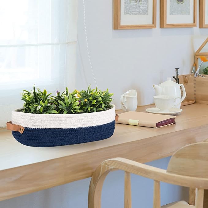 Set of 2 Toilet Basket,Woven Storage Basket for Toilet Tank Top Farmhouse Home Decor Organizing Baskets 13"x5.9"x4" Navy Stitching White - Image 5